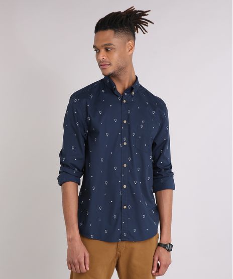 Camisa-Masculina-Mini-Print-Lampada-com-Bolso-Manga-Longa-Azul-Marinho-9079741-Azul_Marinho_1