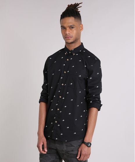Camisa-Masculina-Mini-Print-Caveira-com-Bolso-Manga-Longa-Preta-9079738-Preto_1