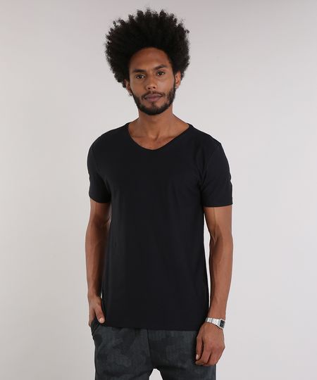 Camiseta-Masculina-Basica-Manga-Curta-Gola-V-em-Algodao---Sustentavel-Preta-8144866-Preto_1