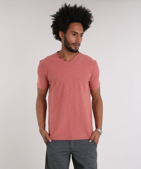Camiseta-Masculina-com-Botoes-Manga-Curta-Gola-V-Coral-9198346-Coral_1