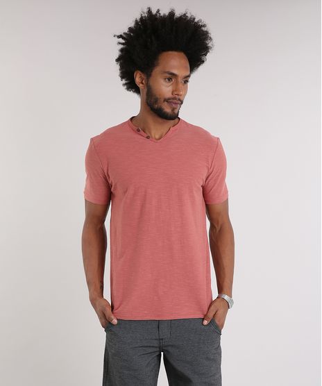 Camiseta-Masculina-com-Botoes-Manga-Curta-Gola-V-Coral-9198346-Coral_1