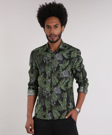 Camisa-Masculina-Estampada-de-Folhagem-com-Bolso-Manga-Longa-Preta-9082962-Preto_1