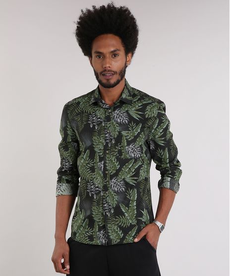 Camisa-Masculina-Estampada-de-Folhagem-com-Bolso-Manga-Longa-Preta-9082962-Preto_1