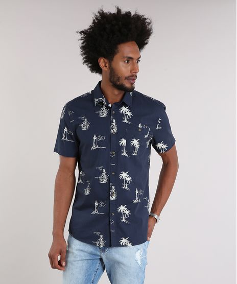 Camisa-Masculina-Estampada-com-Bolso-Manga-Curta-Azul-Marinho-9082963-Azul_Marinho_1