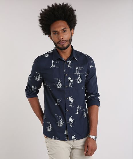 Camisa-Masculina-Estampada-com-Bolso-Manga-Longa-Azul-Marinho-9082961-Azul_Marinho_1
