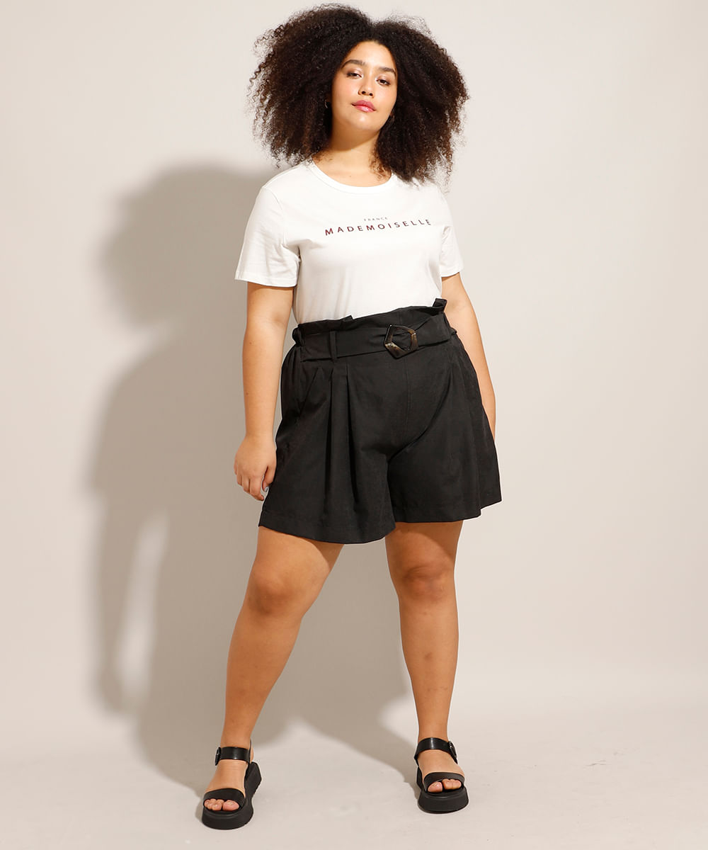 Short Clochard Plus Size Cintura Alta com Cinto Preto