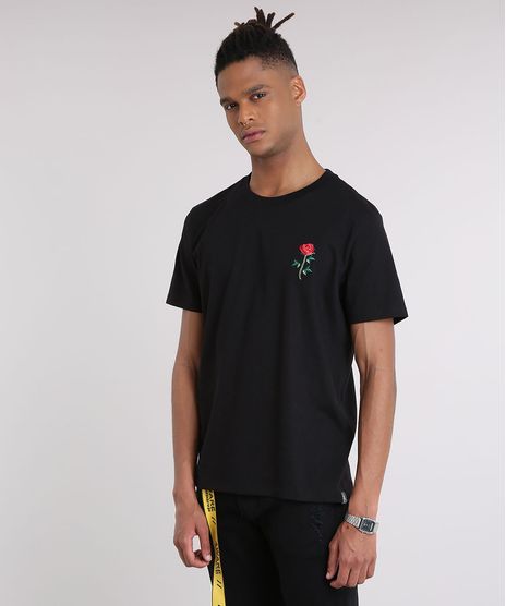 Camiseta-Masculina--Rock-and-Roses--com-Bordado-de-Rosa-Manga-Curta-Gola-Careca-Preta-9194383-Preto_1