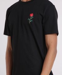 Camiseta-Masculina--Rock-and-Roses--com-Bordado-de-Rosa-Manga-Curta-Gola-Careca-Preta-9194383-Preto_4