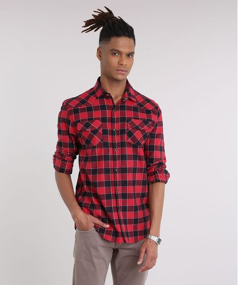 Camisa-Masculina-em-Flanela-Estampada-Xadrez-com-Bolsos-Manga-Longa-Vermelha-9186042-Vermelho_1