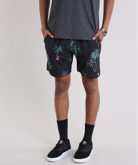 Bermuda-Masculina-Estampada-de-Coqueiros-e-Flamingos-com-Bolsos-Preta-9158966-Preto_1