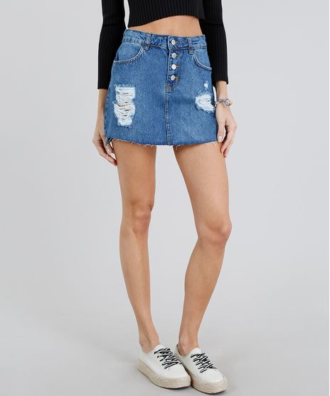 Saia-Jeans-Feminina-Destroyed-com-Botoes-Azul-Medio-9217860-Azul_Medio_1