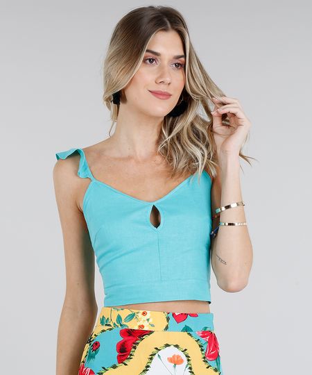 Regata-Feminina-Cropped-em-Linho-com-Babado-Alcas-Finas-Decote-V-Verde-Agua-9093453-Verde_Agua_1
