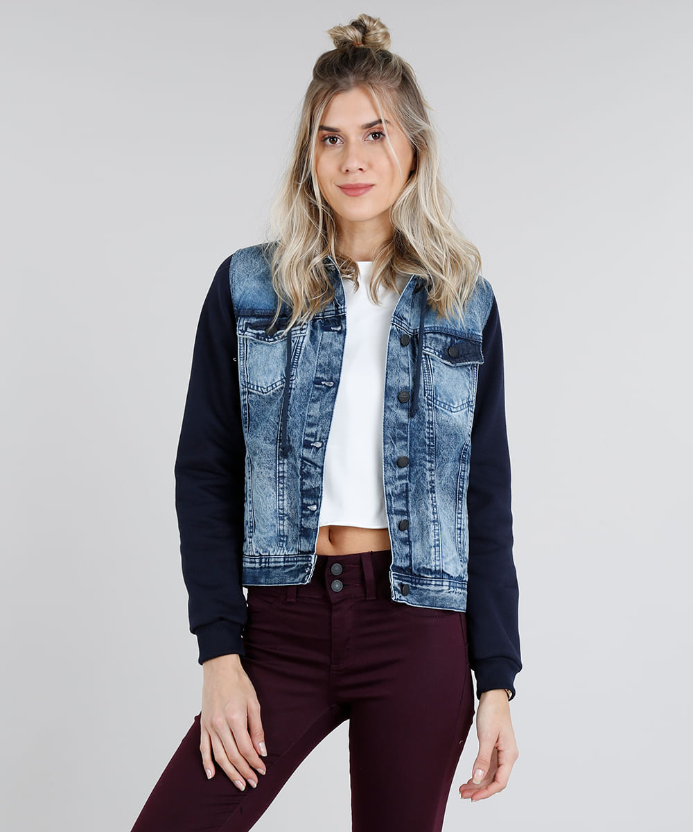 jaqueta jeans manga moletom feminina