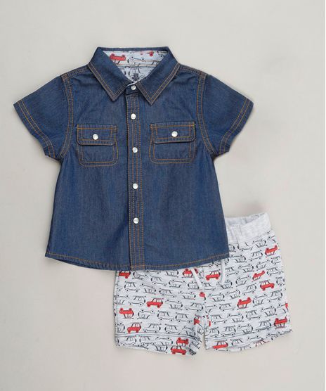 Conjunto-Infantil-de-Camisa-Jeans-Manga-Curta-Azul-Escuro---Bermuda-Estampada-de-Moletom-em-Algodao---Sustentavel-Cinza-Mescla-Claro-9118897-Cinza_Mescla_Claro_1