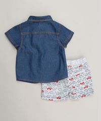 Conjunto-Infantil-de-Camisa-Jeans-Manga-Curta-Azul-Escuro---Bermuda-Estampada-de-Moletom-em-Algodao---Sustentavel-Cinza-Mescla-Claro-9118897-Cinza_Mescla_Claro_2