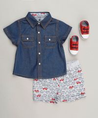 Conjunto-Infantil-de-Camisa-Jeans-Manga-Curta-Azul-Escuro---Bermuda-Estampada-de-Moletom-em-Algodao---Sustentavel-Cinza-Mescla-Claro-9118897-Cinza_Mescla_Claro_3