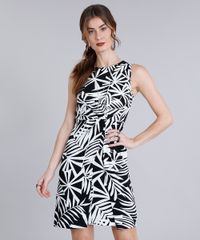 Vestido-Feminino-Curto-Estampado-de-Folhagem-com-Pregas-Sem-Manga-Decote-Redondo-Preto-9182714-Preto_1