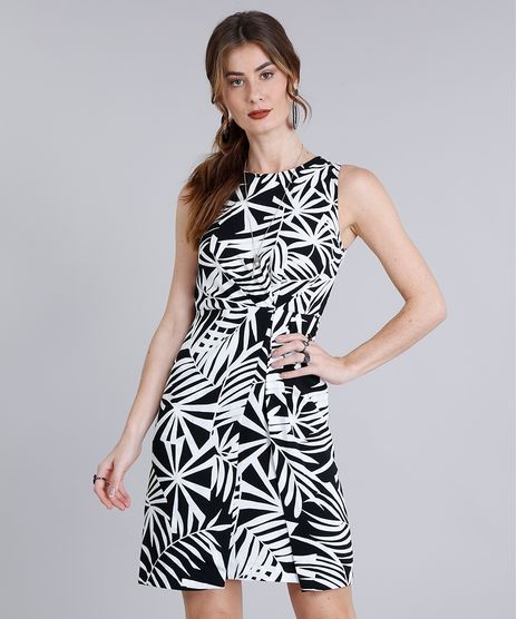 Vestido-Feminino-Curto-Estampado-de-Folhagem-com-Pregas-Sem-Manga-Decote-Redondo-Preto-9182714-Preto_1