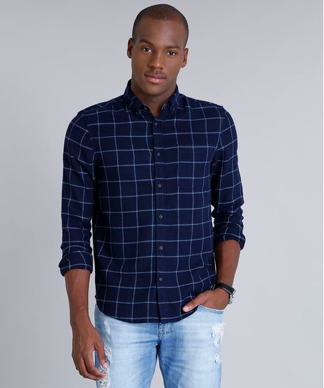 Camisa-Masculina-Comfort-em-Flanela-Estampada-Xadrez--com-Bolso-Manga-Longa-Azul-Marinho-8841744-Azul_Marinho_1