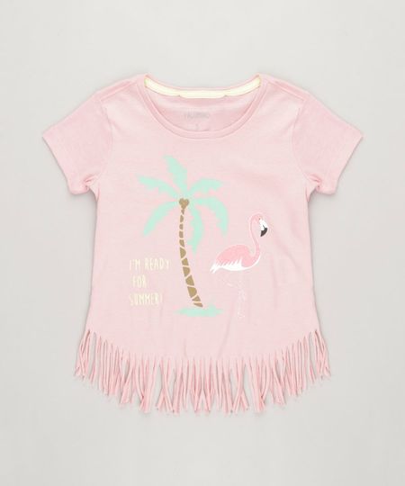 Blusa-Infantil-Flamingo-com-Glitter-e-Franjas-Manga-Curta-Decote-Redondo-em-Algodao---Sustentavel-Rose-9241757-Rose_1