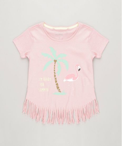 Blusa-Infantil-Flamingo-com-Glitter-e-Franjas-Manga-Curta-Decote-Redondo-em-Algodao---Sustentavel-Rose-9241757-Rose_1