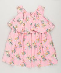 Vestido-Infantil-Curto-Estampado-Floral-com-Babado-Sem-Manga-Decote-Redondo-em-Algodao---Sustentavel-Rosa-9158425-Rosa_1