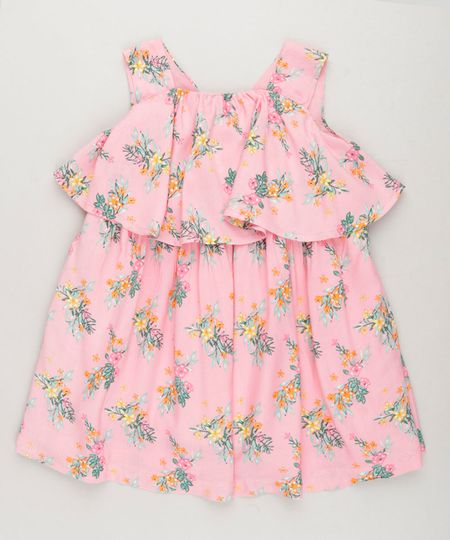 Vestido-Infantil-Curto-Estampado-Floral-com-Babado-Sem-Manga-Decote-Redondo-em-Algodao---Sustentavel-Rosa-9158425-Rosa_1