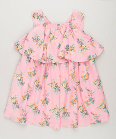 Vestido-Infantil-Curto-Estampado-Floral-com-Babado-Sem-Manga-Decote-Redondo-em-Algodao---Sustentavel-Rosa-9158425-Rosa_1