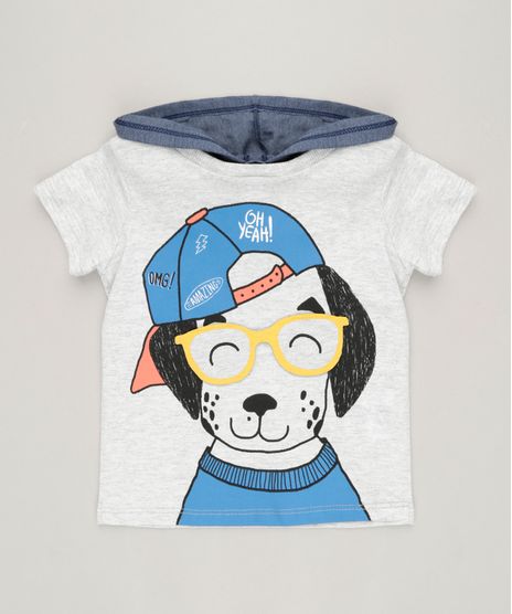 Camiseta-Infantil-com-Estampa-Interativa-de-Cachorro-e-Capuz-Manga-Curta-Gola-Careca-Cinza-Mescla-Claro-9227463-Cinza_Mescla_Claro_1