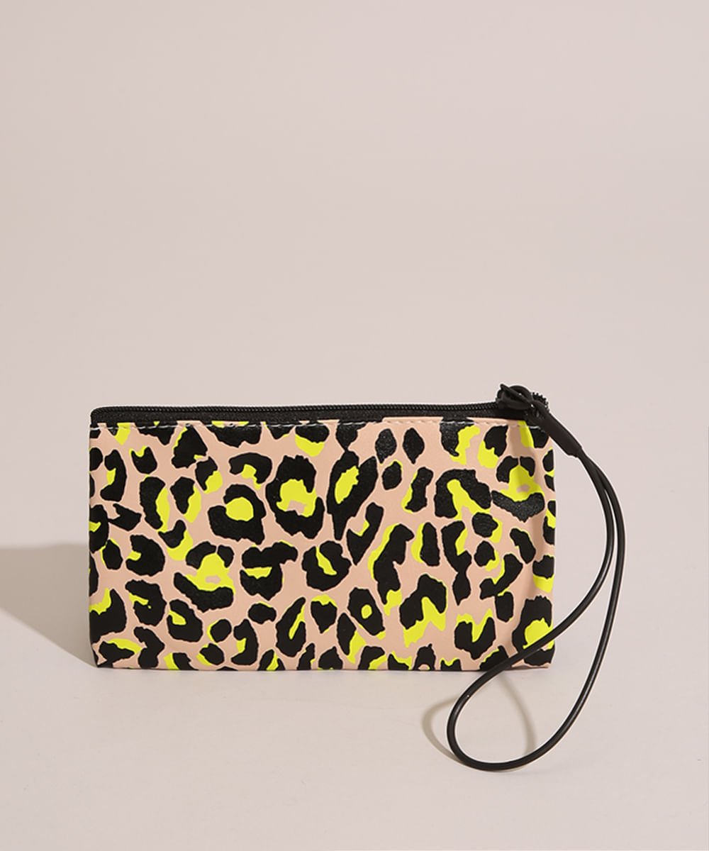 Nécessaire Estampada Animal Print Onça com Alça de Mão Bege