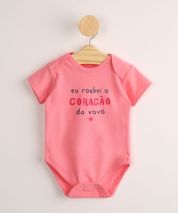 Body Infantil "Roubei o Coração da Vovó" Manga Curta Rosa 6-9