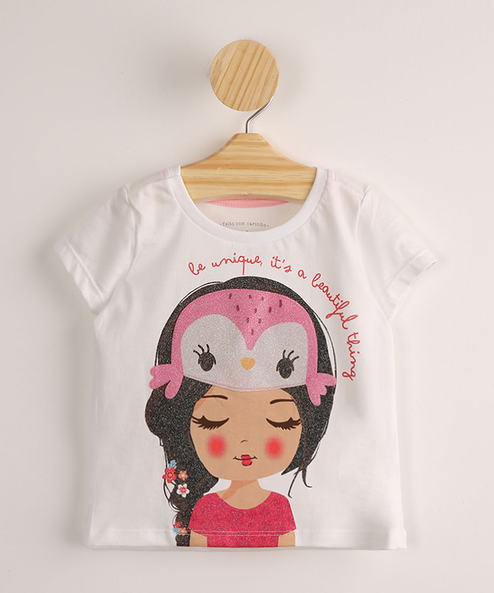 Blusa Infantil "Be Unique, It’s a Beautiful Thing" com Glitter Manga Curta Off White