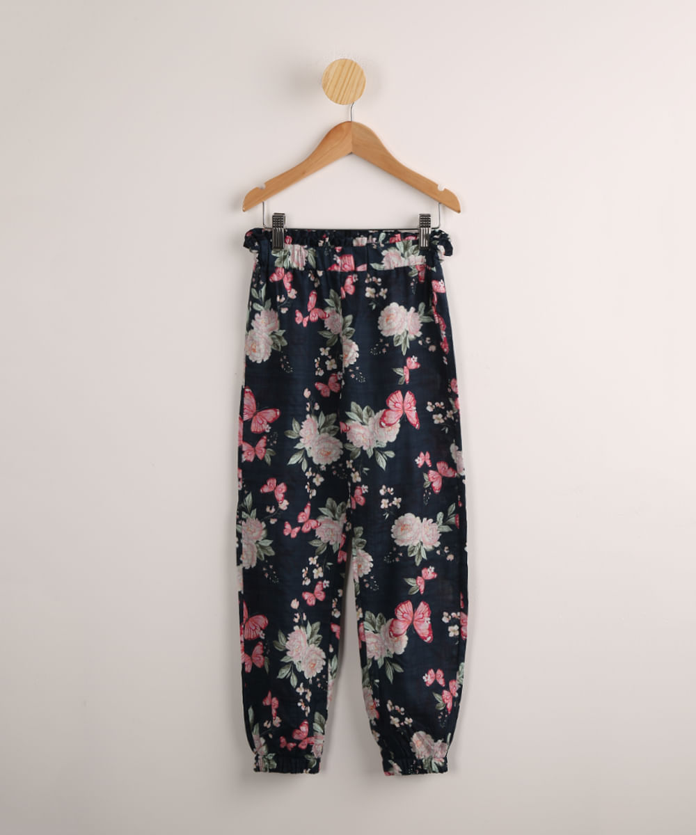 Calça Jogger Infantil Estampada Floral Azul Marinho