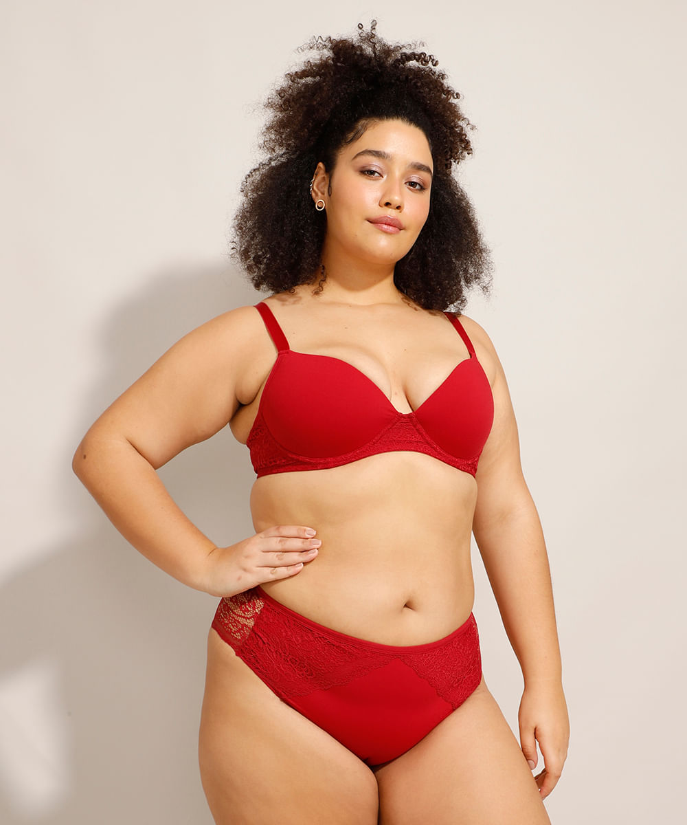 Calcinha Caleçon com Renda Plus Size Bonjour Vermelha