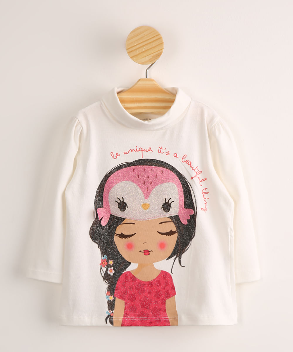 Blusa Infantil Menina com Coruja Manga Longa Gola Alta Off White