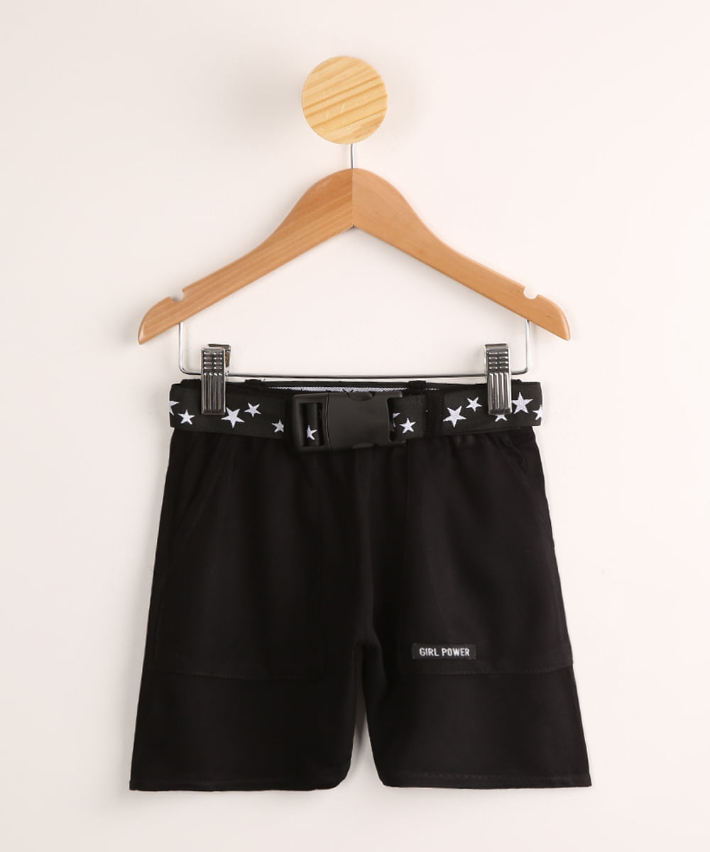 Short Infantil de Viscose com Cinto de Estrelas Preto