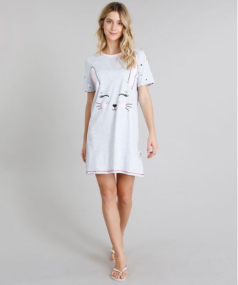 Camisola-Feminina-com-Estampa-de-Coelho-Manga-Curta-Cinza-Mescla-9222802-Cinza_Mescla_1