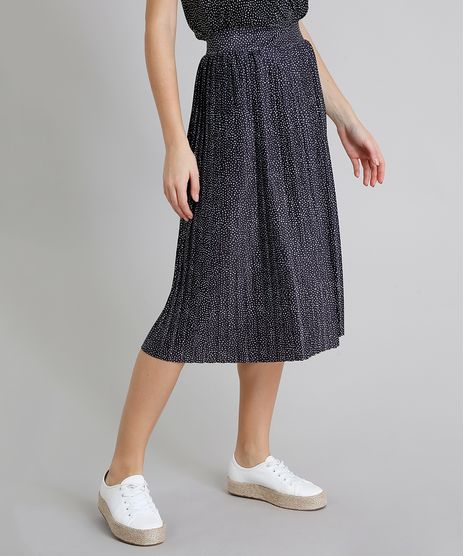 Saia-Feminina-Midi-Plissada-Estampada-de-Poas-Preta-9262070-Preto_1