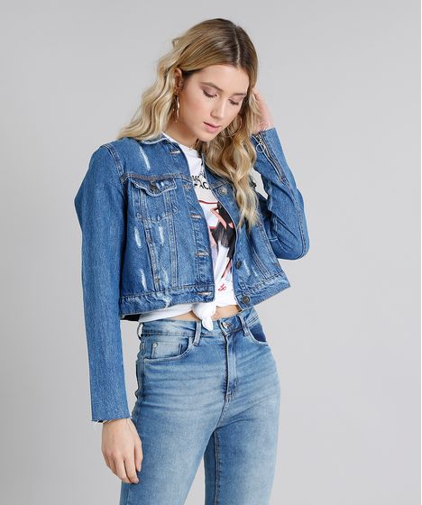 jaqueta jeans cropped destroyed