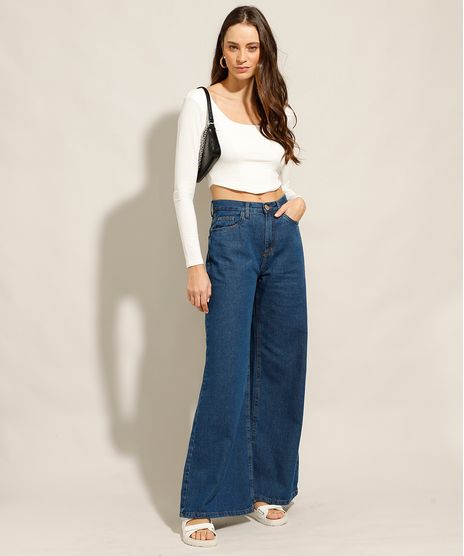 Calça Wide Jeans Pantalona Cintura Alta Azul Escuro
