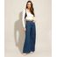 Calça Wide Jeans Pantalona Cintura Alta Azul Escuro