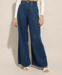Calça Wide Jeans Pantalona Cintura Alta Azul Escuro frente