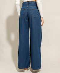 Calça Wide Jeans Pantalona Cintura Alta Azul Escuro costas
