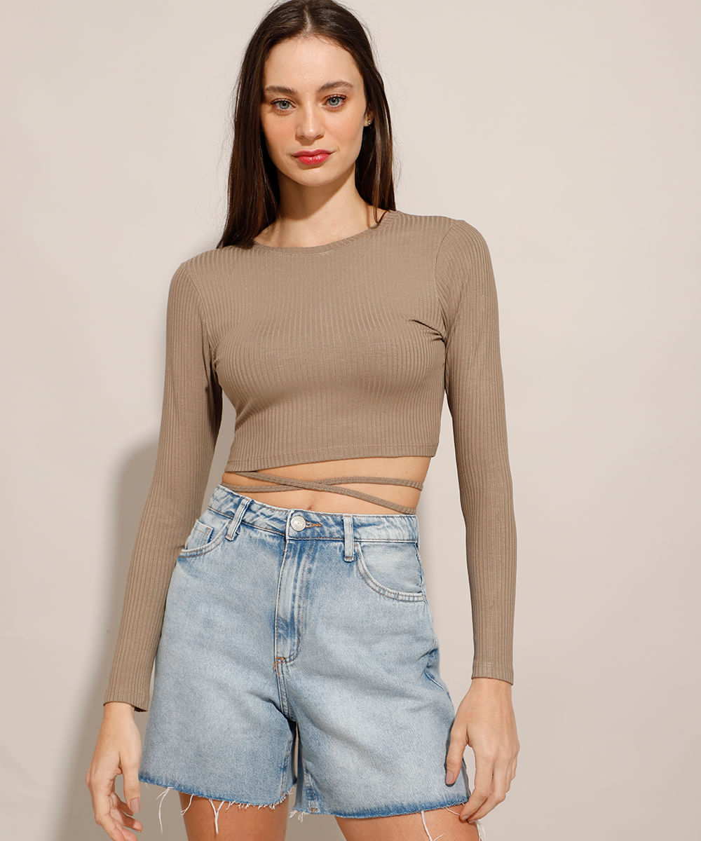 Blusa Cropped Canelada com Vazado e Amarração Manga Longa Decote Redondo Bege