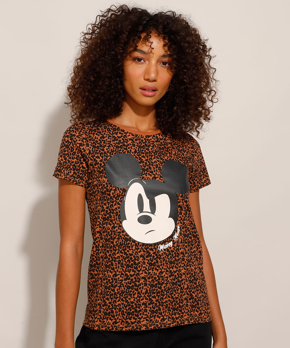 Camiseta Estampada Animal Print Onça Mickey Manga Curta Decote Redondo Marrom