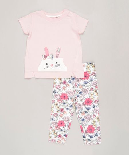 Conjunto-Infantil-Coelhinho-de-Blusa-Manga-Curta-Rosa---Calca-Legging-Estampada-Floral-em-Algodao---Sustentavel-Off-White-9117943-Off_White_1