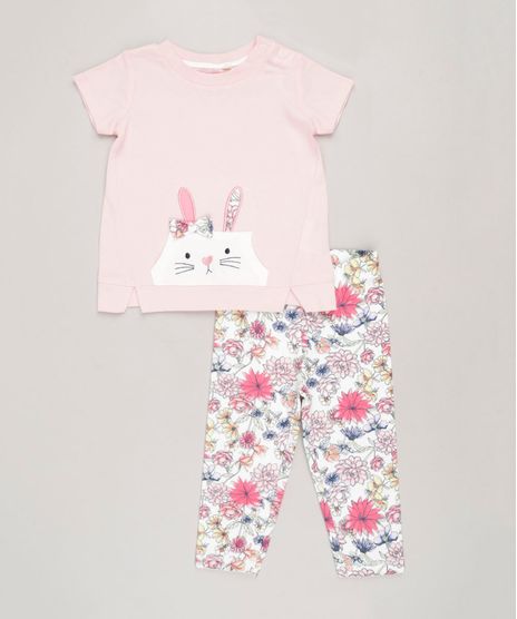 Conjunto-Infantil-Coelhinho-de-Blusa-Manga-Curta-Rosa---Calca-Legging-Estampada-Floral-em-Algodao---Sustentavel-Off-White-9117943-Off_White_1