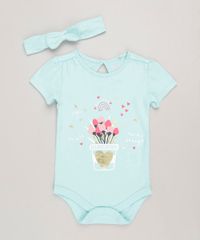 Body-Infantil-com-Estampa-de-Flores-Manga-Curta-Decote-Redondo---Faixa-de-Cabelo-com-Laco-em-Algodao---Sustentavel-Verde-Claro-9114246-Verde_Claro_1