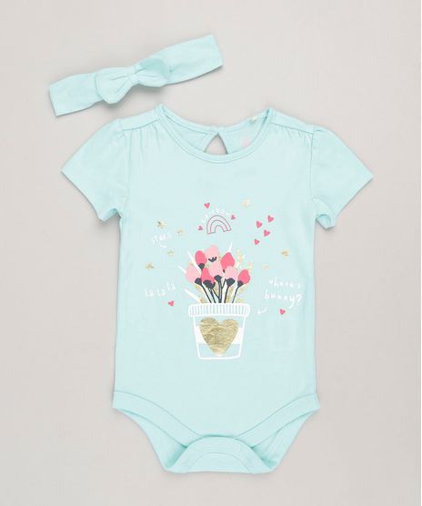 Body-Infantil-com-Estampa-de-Flores-Manga-Curta-Decote-Redondo---Faixa-de-Cabelo-com-Laco-em-Algodao---Sustentavel-Verde-Claro-9114246-Verde_Claro_1