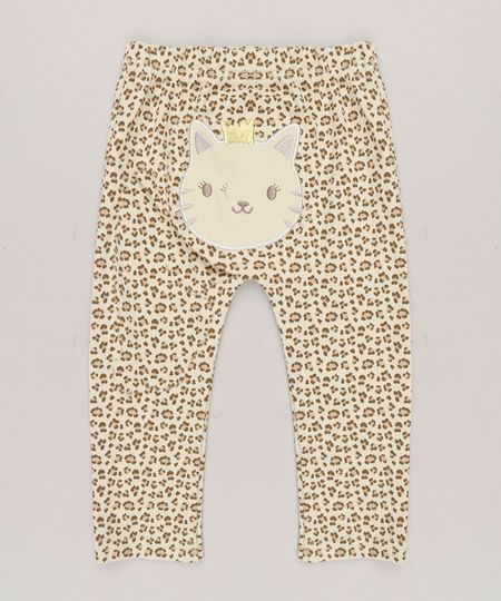 Calca-Infantil-Gatinha-Estampada-Animal-Print-em-Algodao---Sustentavel-Bege-8934412-Bege_1